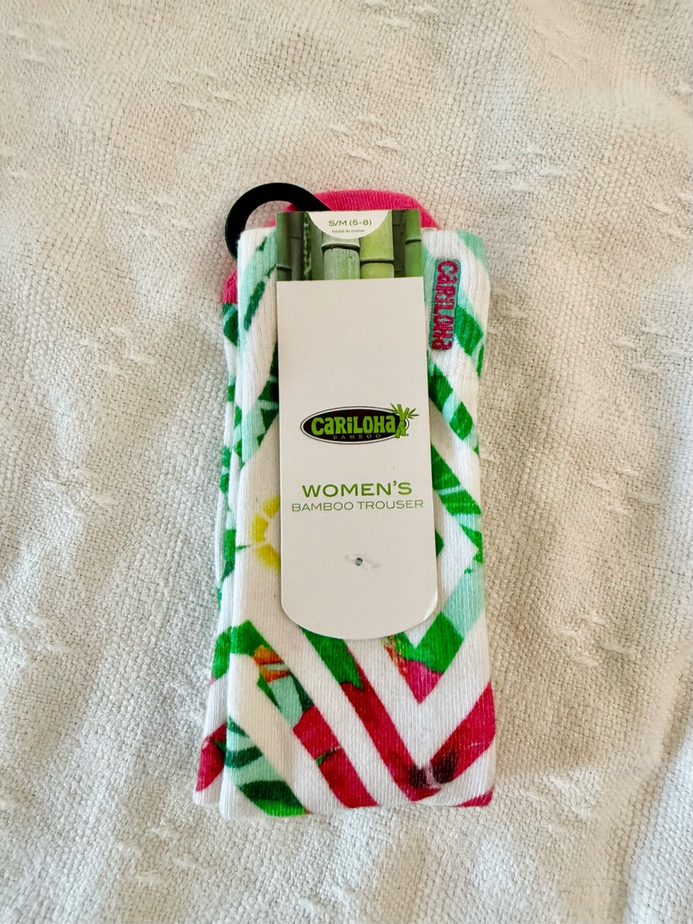 Cariloha Women's Bamboo Trouser Socks - White with Green & Pink Tropical Print